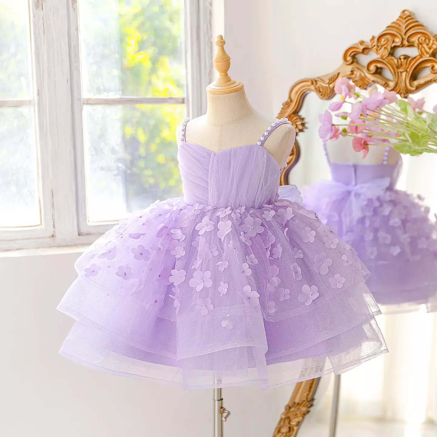 Lena Lavender Floral Tulle Tiered Knee Length Party Dress for Girls