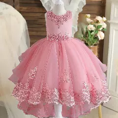 Aviles Dusty Pink Beaded High-Low Tulle Party Dress for Girls
