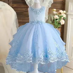 Aviles Light Blue Beaded High-Low Tulle Party Dress for Girls