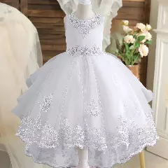 Aviles White Beaded High-Low Tulle Flower Girl Dress for Girls
