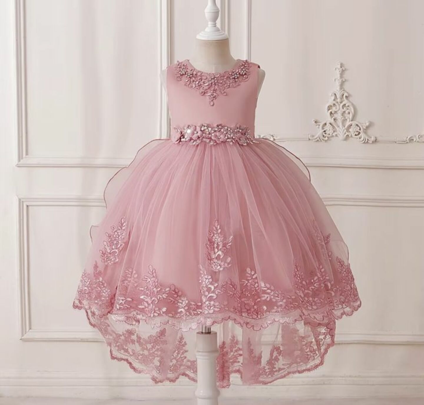 Aviles Dusty Pink Beaded High-Low Tulle Party Dress for Girls