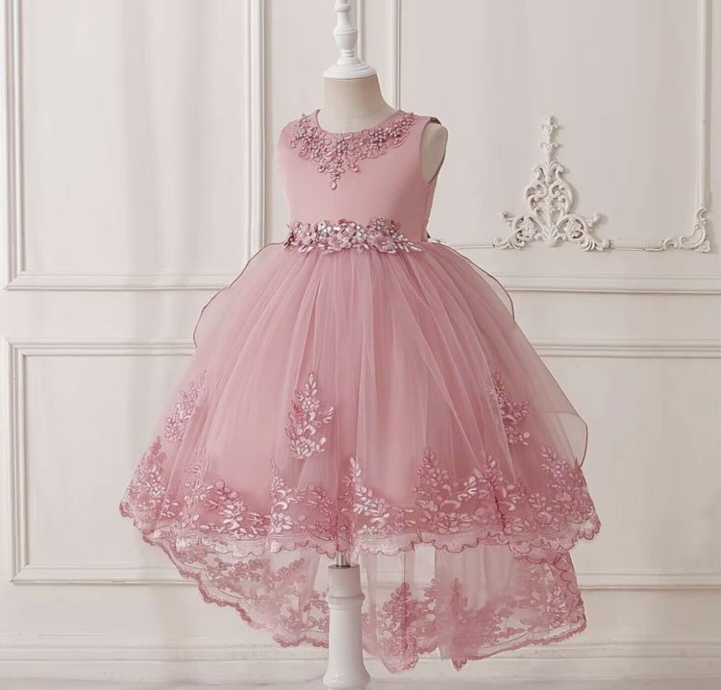 Aviles Dusty Pink Beaded High-Low Tulle Party Dress for Girls