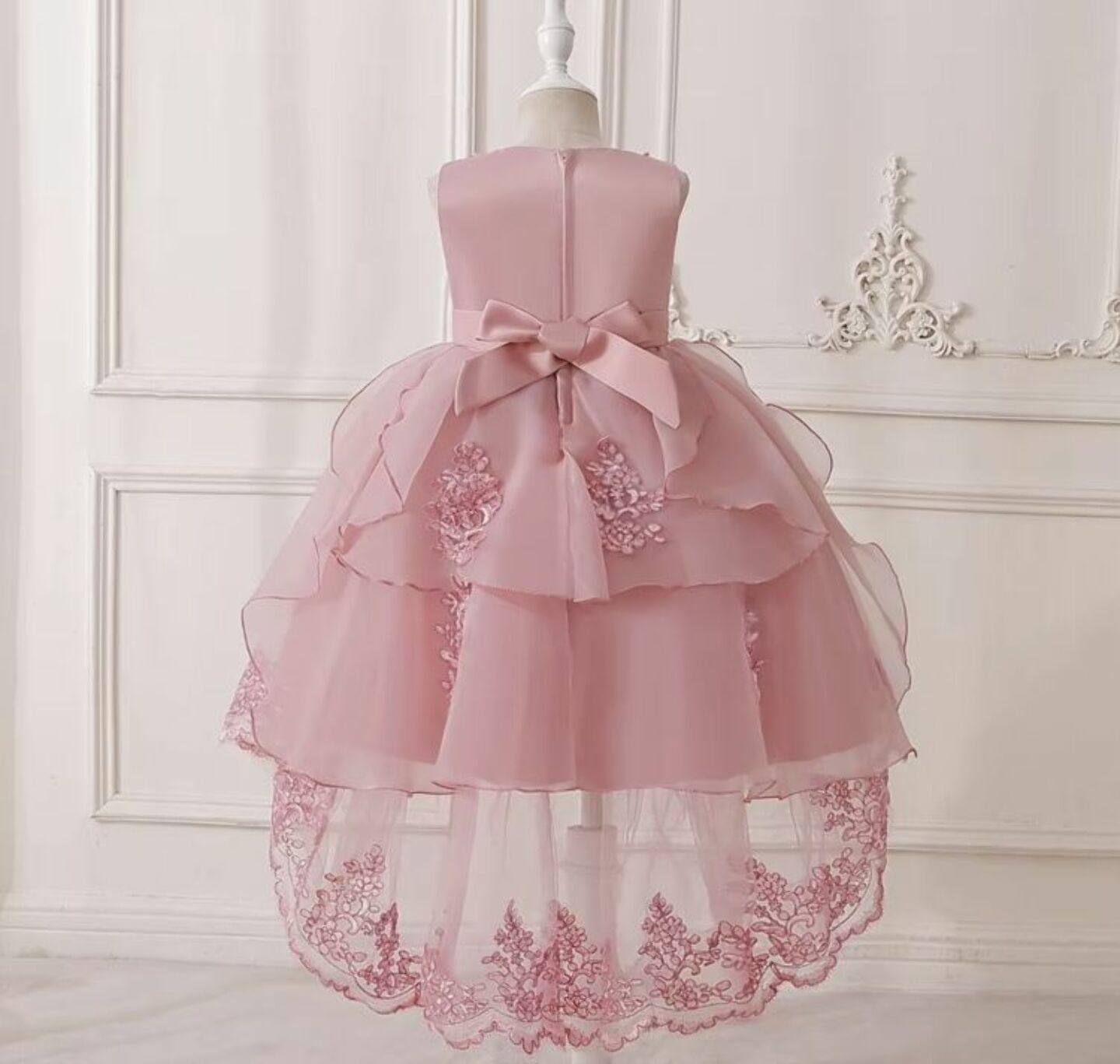 Aviles Dusty Pink Beaded High-Low Tulle Party Dress for Girls