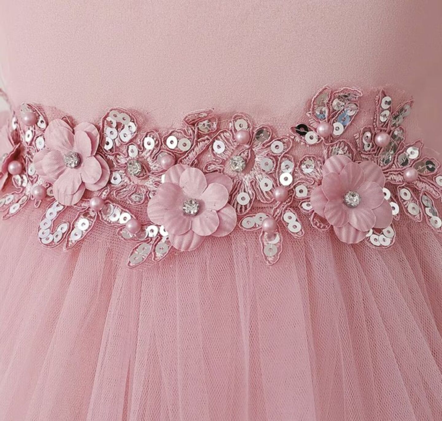 Aviles Dusty Pink Beaded High-Low Tulle Party Dress for Girls