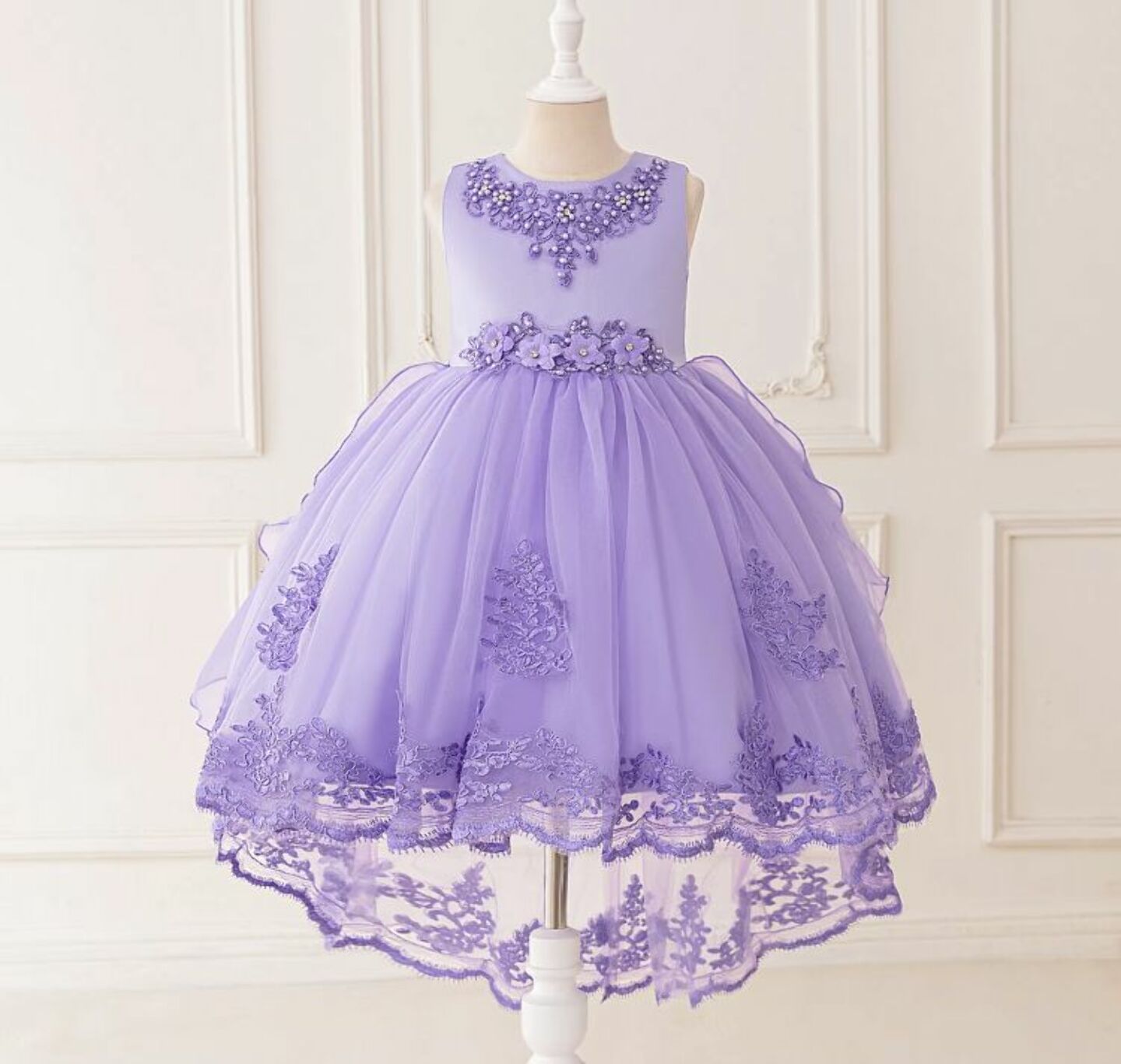 Aviles Lavender Beaded High-Low Tulle Party Dress for Girls