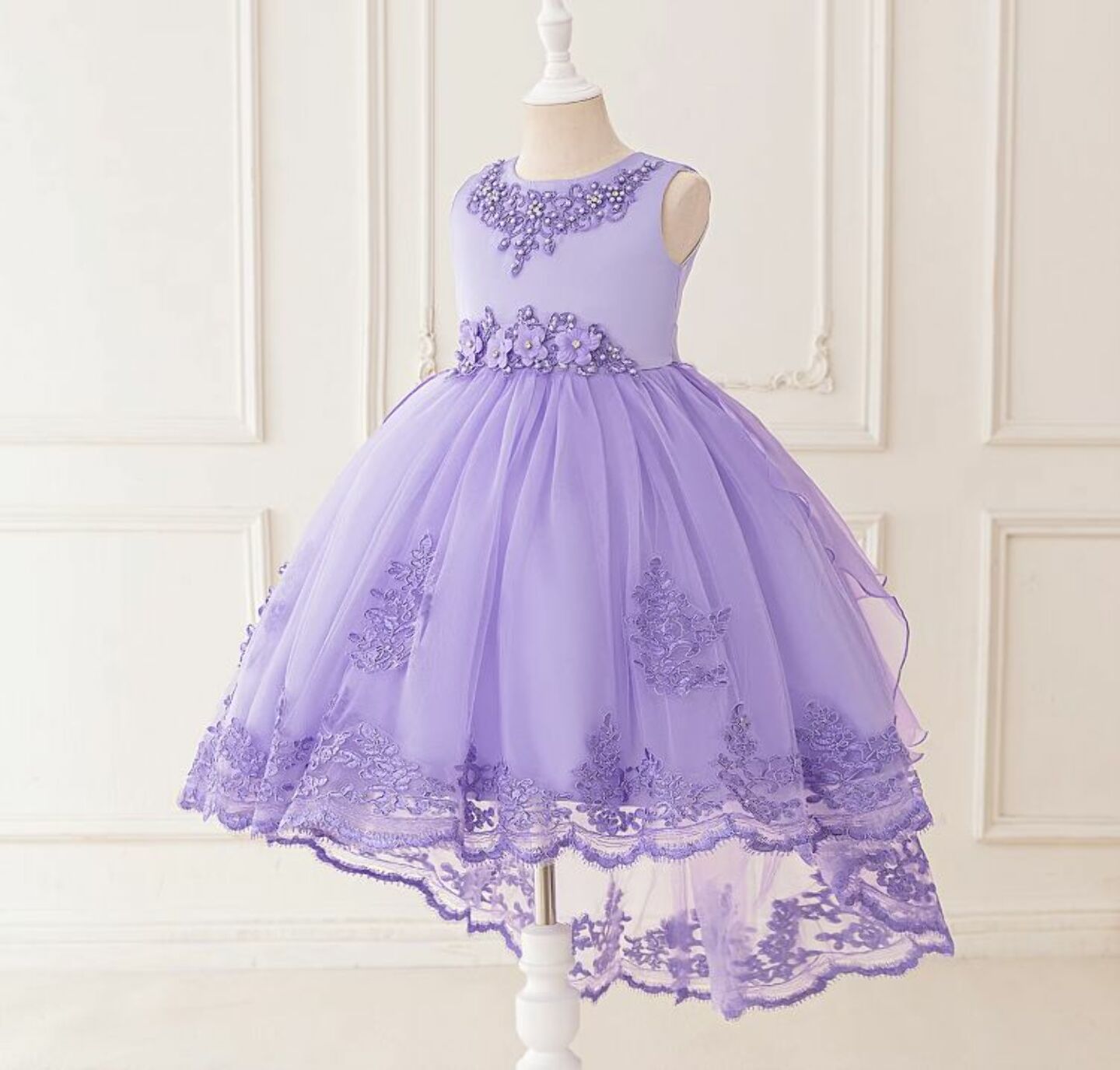 Aviles Lavender Beaded High-Low Tulle Party Dress for Girls