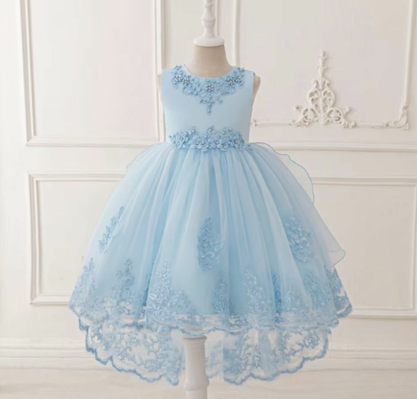 Aviles Light Blue Beaded High-Low Tulle Party Dress for Girls