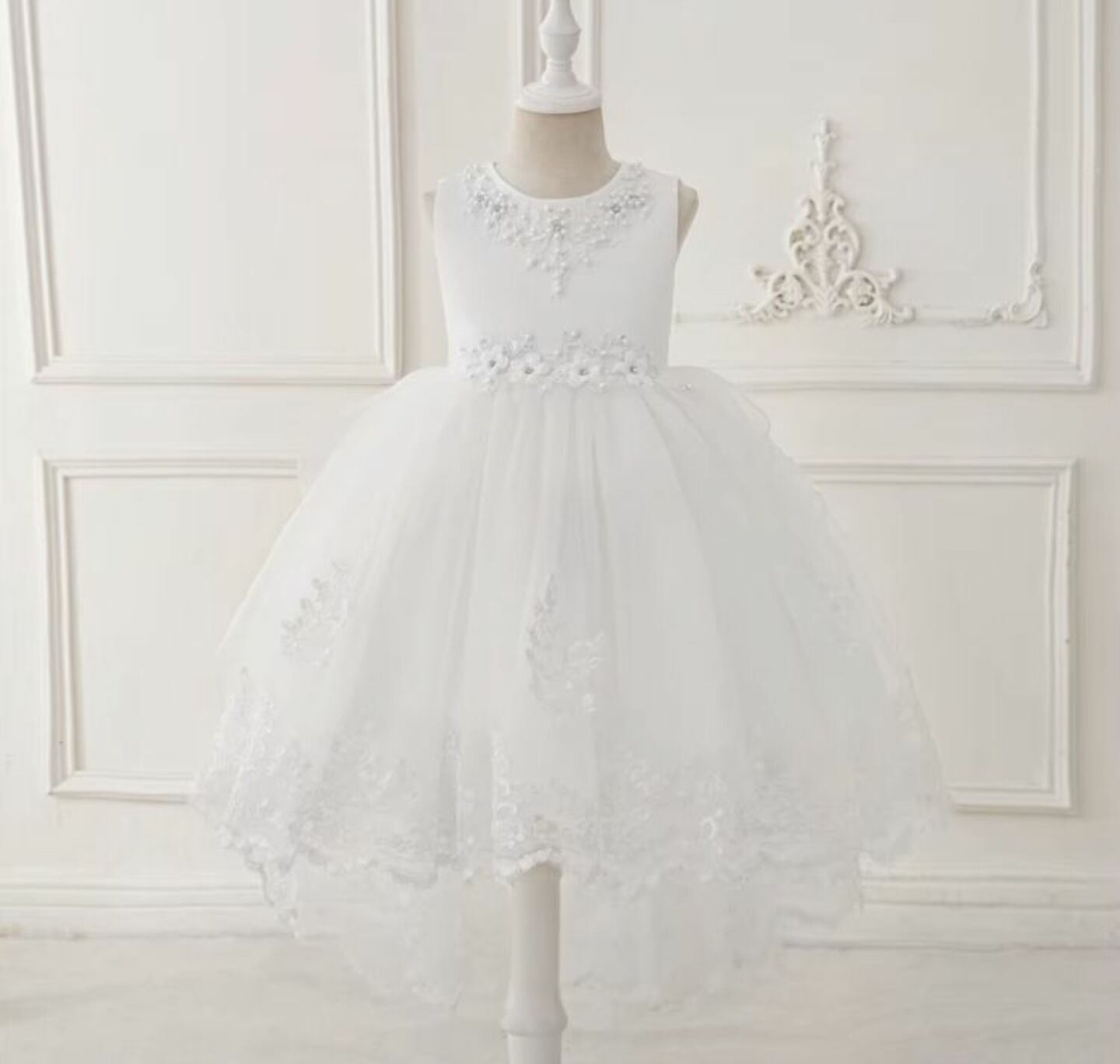 Aviles White Beaded High-Low Tulle Flower Girl Dress for Girls
