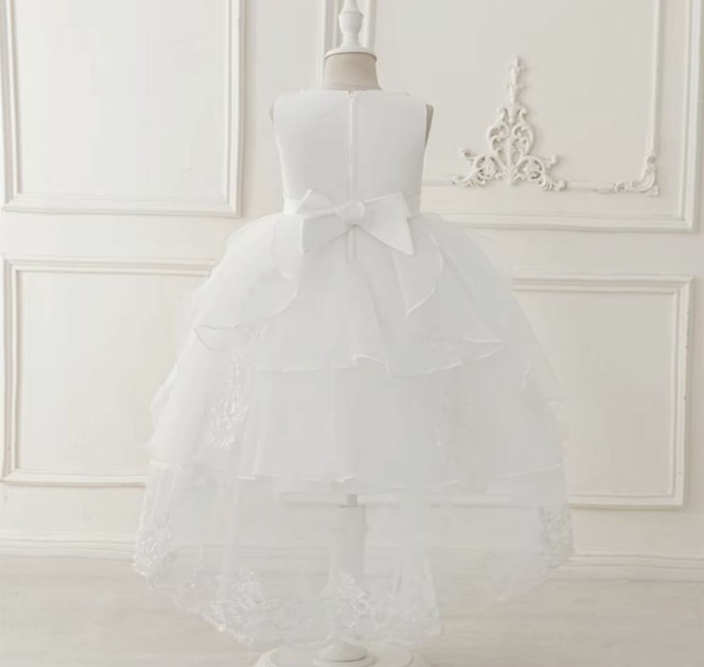 Aviles White Beaded High-Low Tulle Flower Girl Dress for Girls