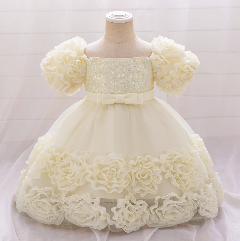 Kendall Champagne Rosette Hem Puff Sleeve Party Dress for Girls