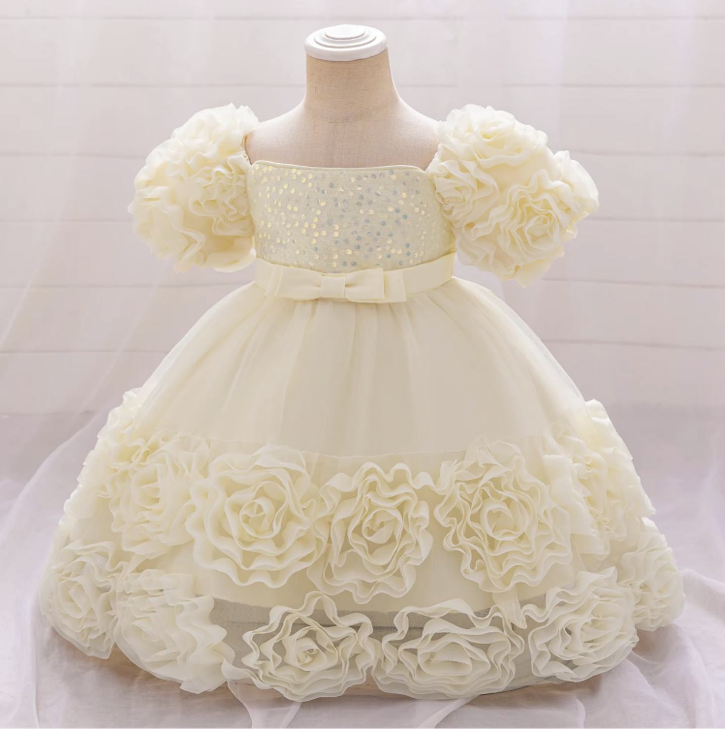 Kendall Champagne Rosette Hem Puff Sleeve Party Dress for Girls