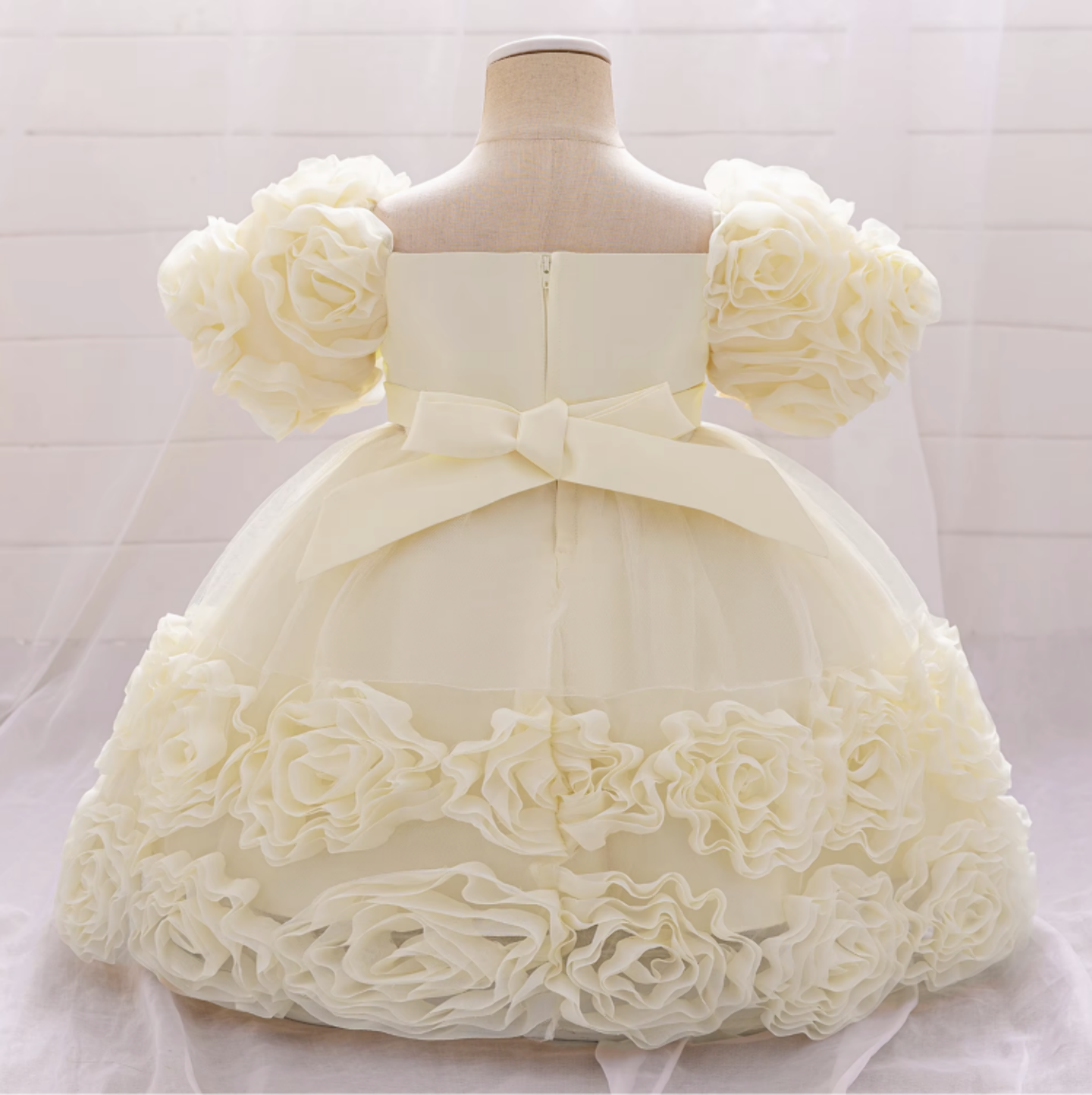 Kendall Champagne Rosette Hem Puff Sleeve Party Dress for Girls