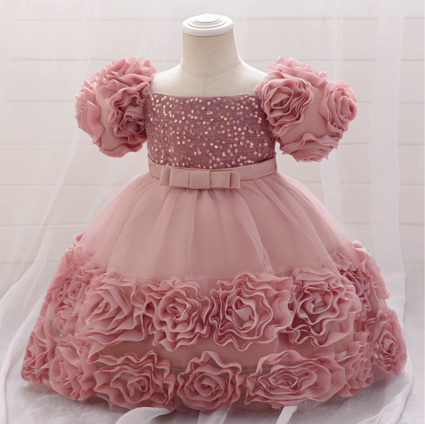 Kendall Dusty Pink Sequin Bodice Rosette Hem Party Dress for Girls