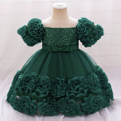 Kendall Forest Green Puff Sleeve Rosette Hem Party Dress for Girls