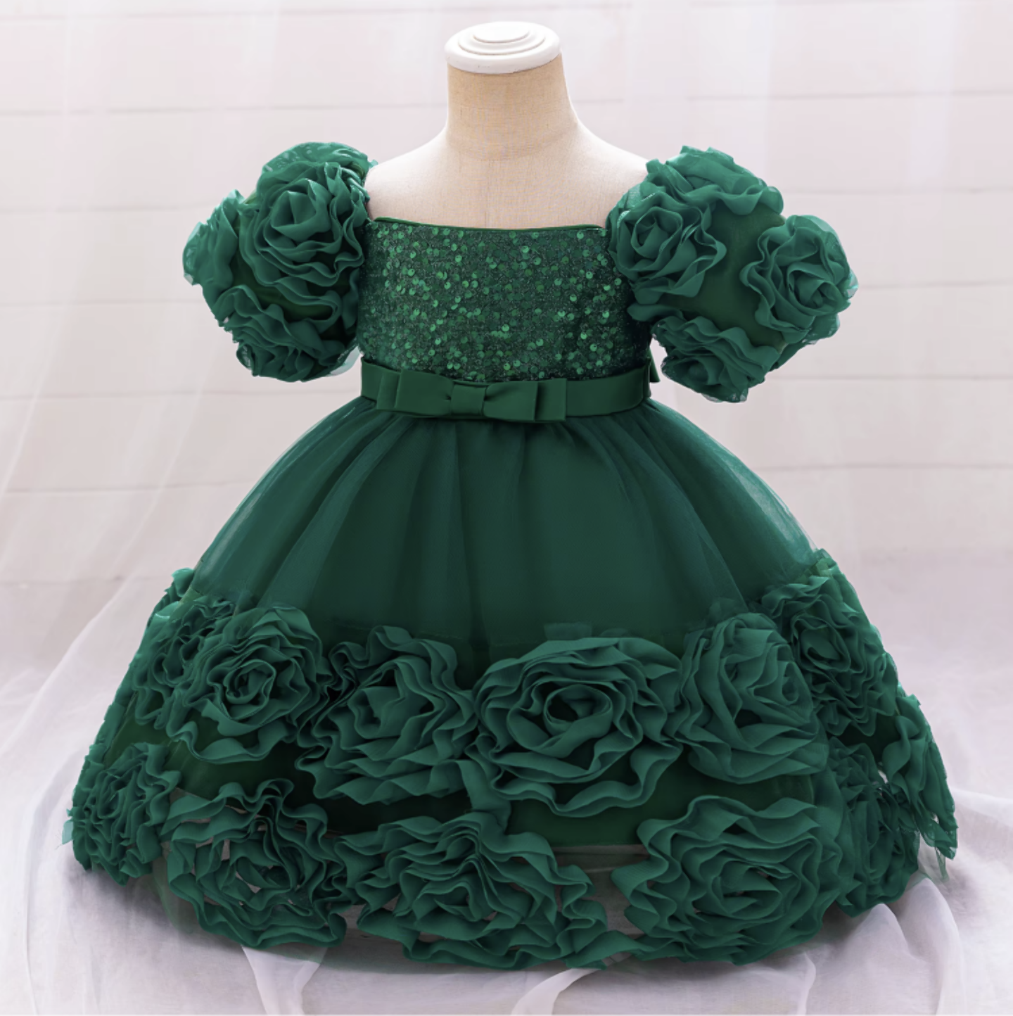 Kendall Forest Green Puff Sleeve Rosette Hem Party Dress for Girls