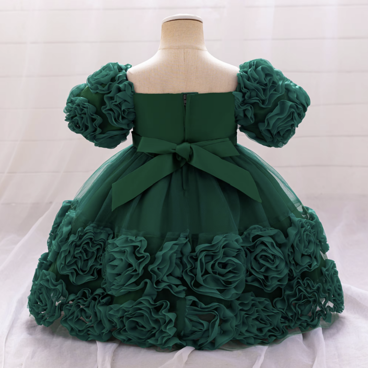 Kendall Forest Green Puff Sleeve Rosette Hem Party Dress for Girls