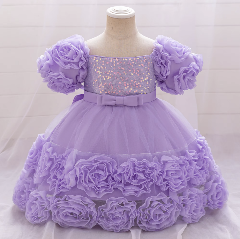 Kendall Lavender Puff Sleeve Rosette Hem Party Dress for Girls