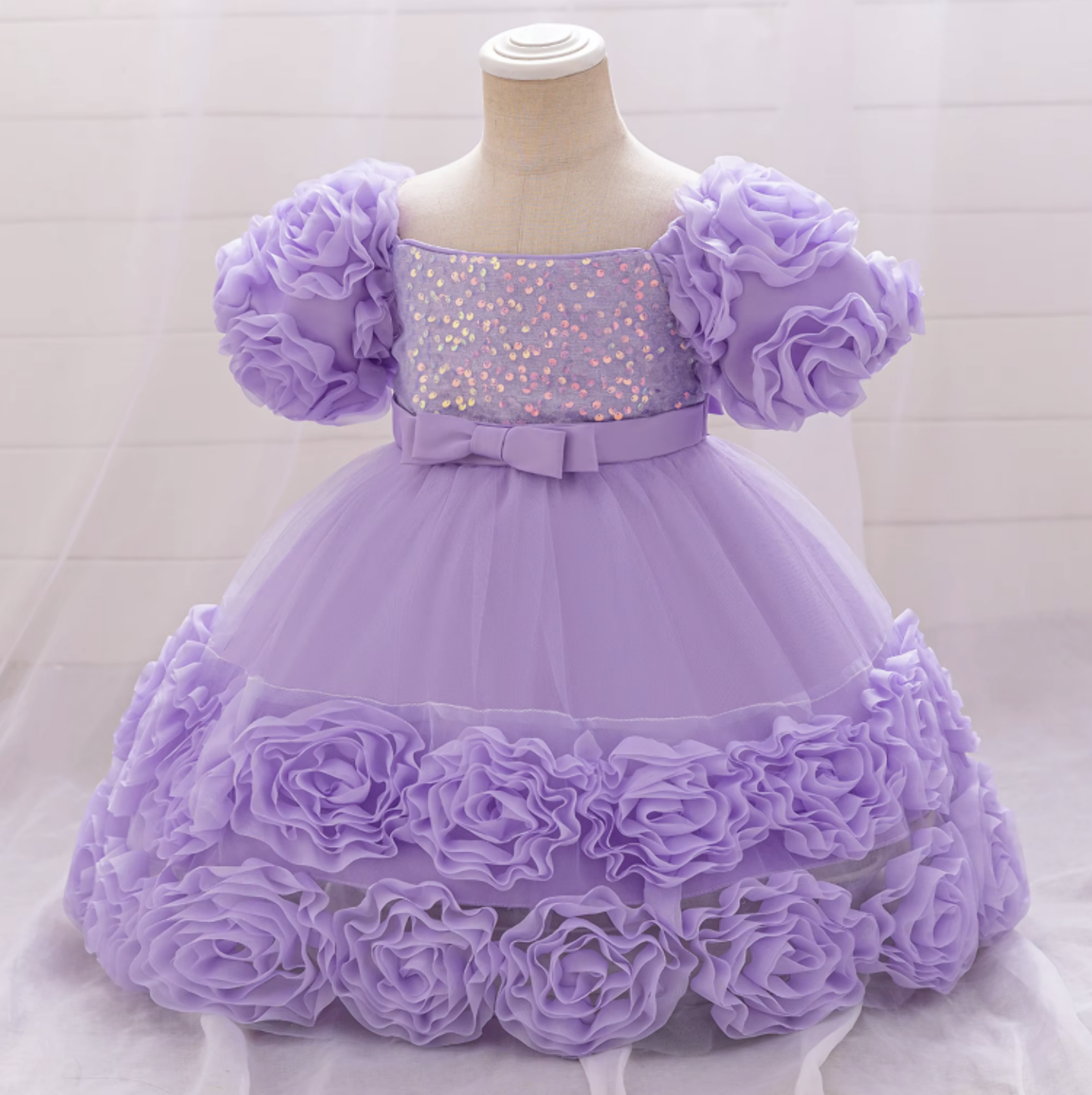 Kendall Lavender Puff Sleeve Rosette Hem Party Dress for Girls