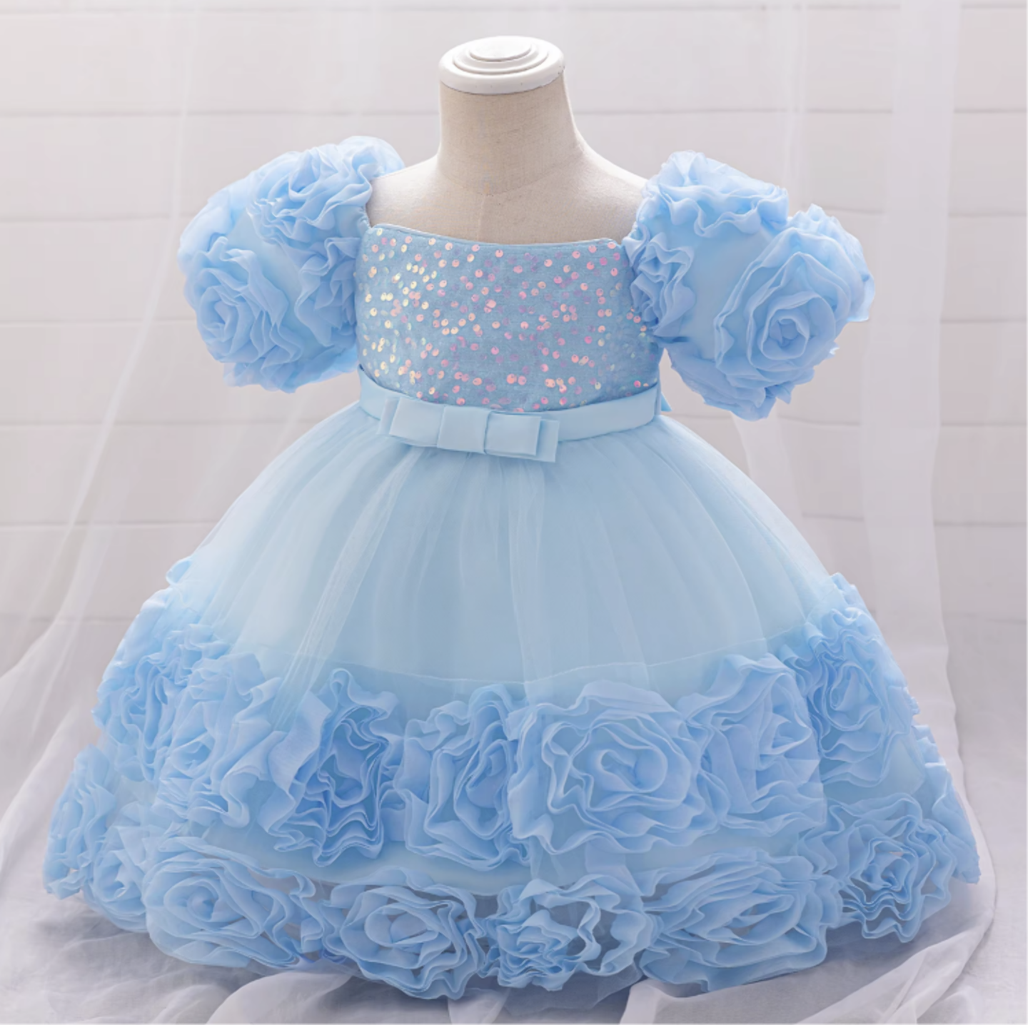 Kendall Light Blue Sequin Knee Length Rosette Party Dress for Girls
