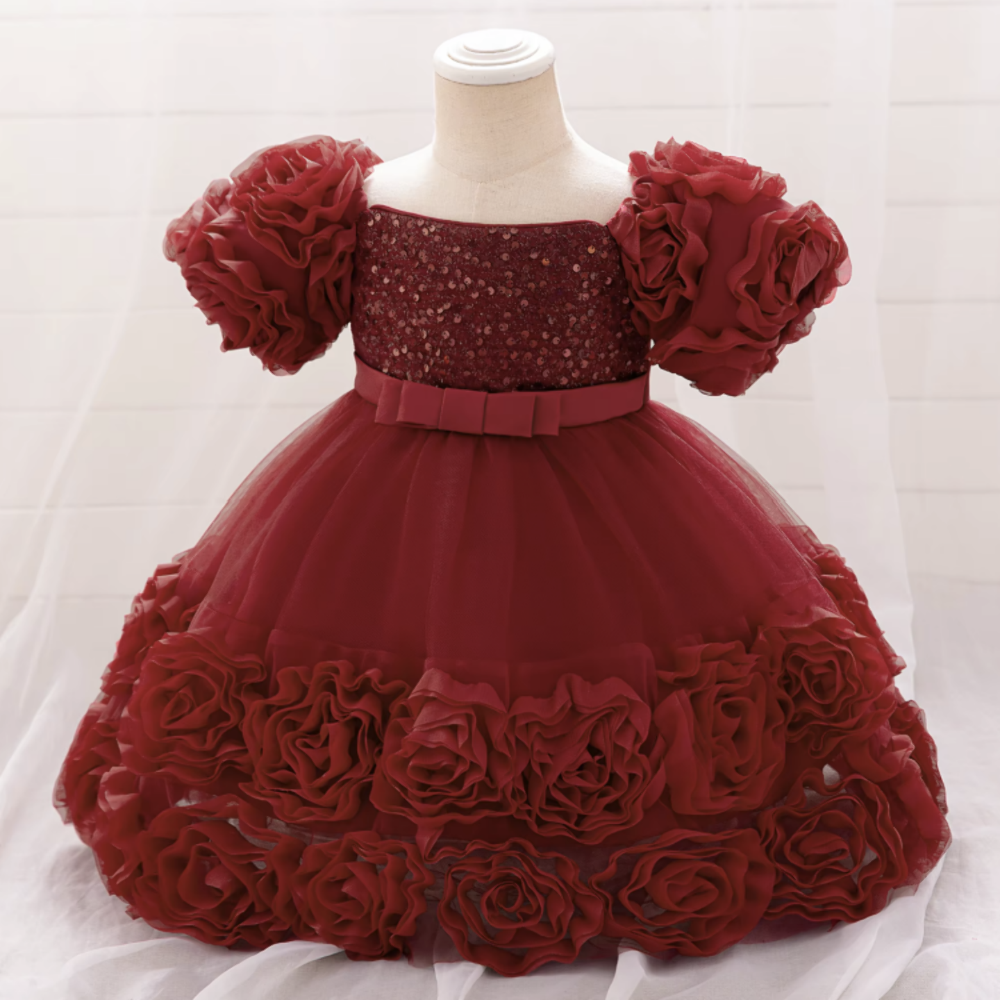 Kendall Maroon Sequin Bodice Rosette Hem Party Dress for Girls