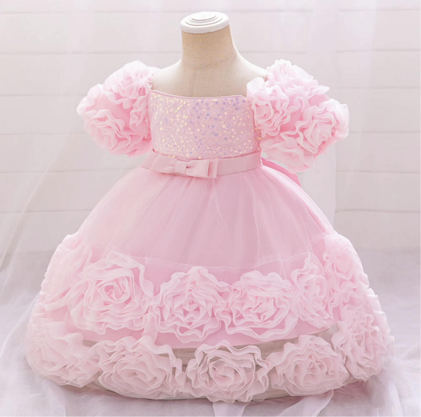 Kendall Pink Sequin Rosette Hem Knee Length Party Dress for Girls