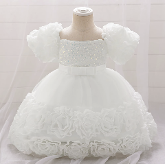 Kendall White Puff Sleeve Rosette Hem Flower Girl Dress for Girls
