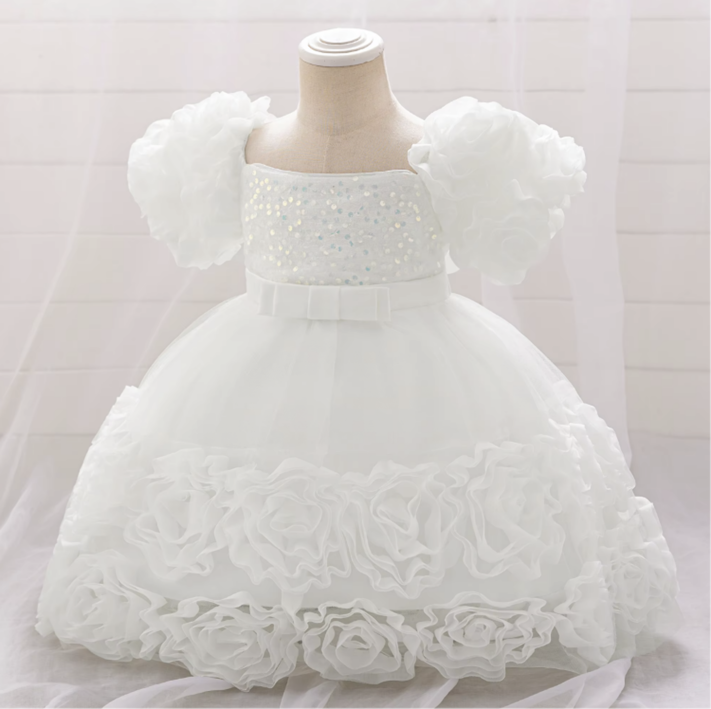 Kendall White Puff Sleeve Rosette Hem Flower Girl Dress for Girls