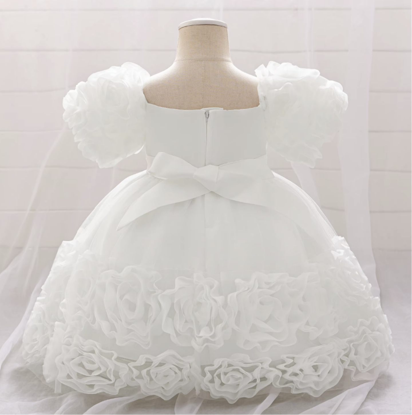 Kendall White Puff Sleeve Rosette Hem Flower Girl Dress for Girls