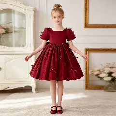 Bondi Maroon Satin Puff Sleeve Bow Back Party Dress for Girls