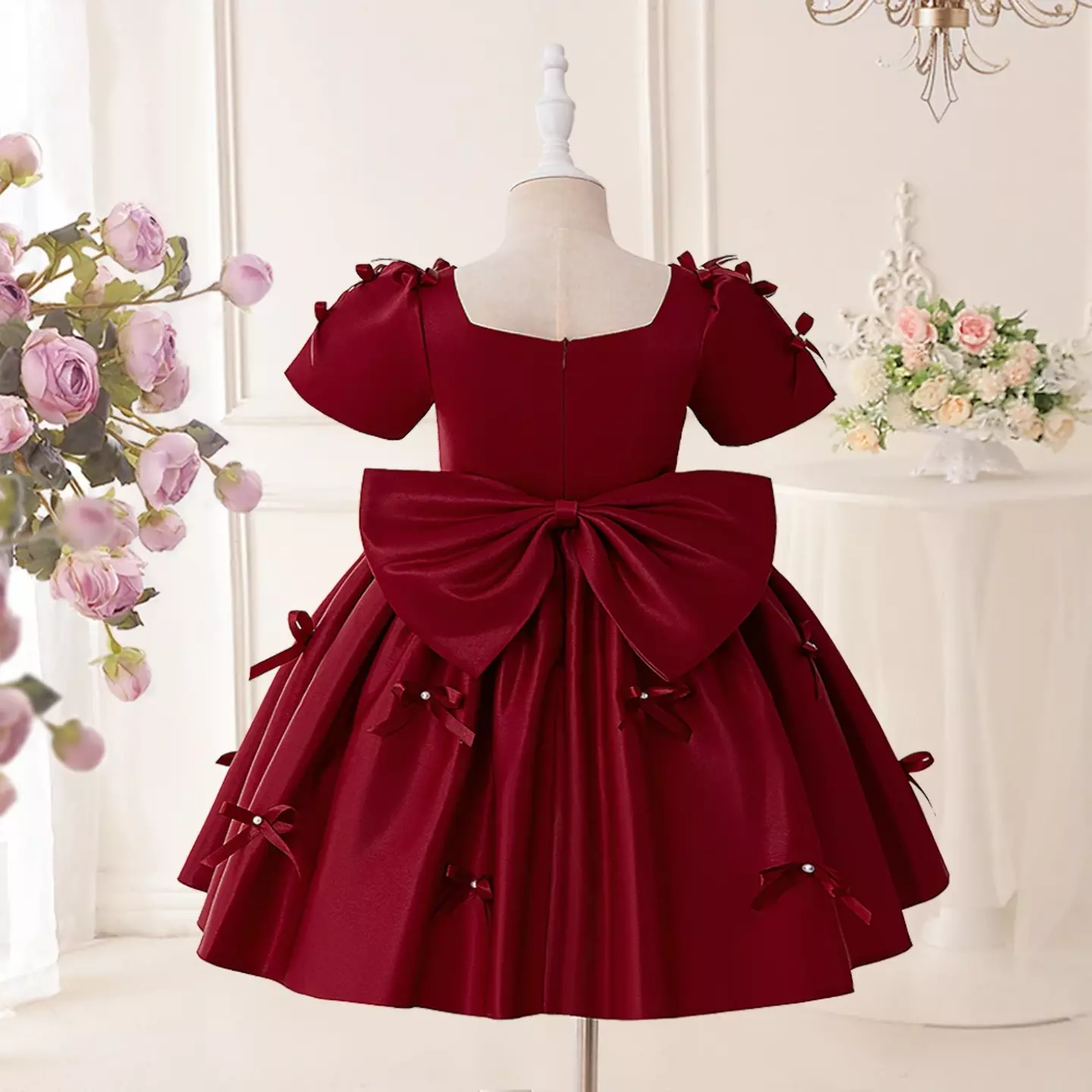 Bondi Maroon Satin Puff Sleeve Bow Back Party Dress for Girls
