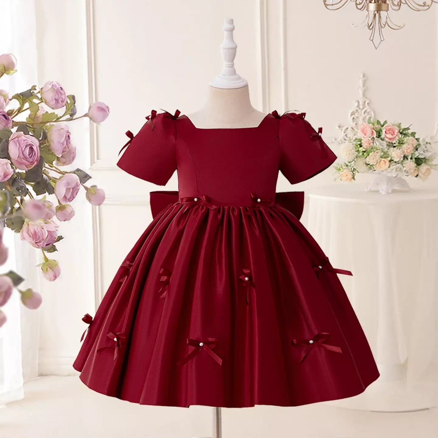 Bondi Maroon Satin Puff Sleeve Bow Back Party Dress for Girls