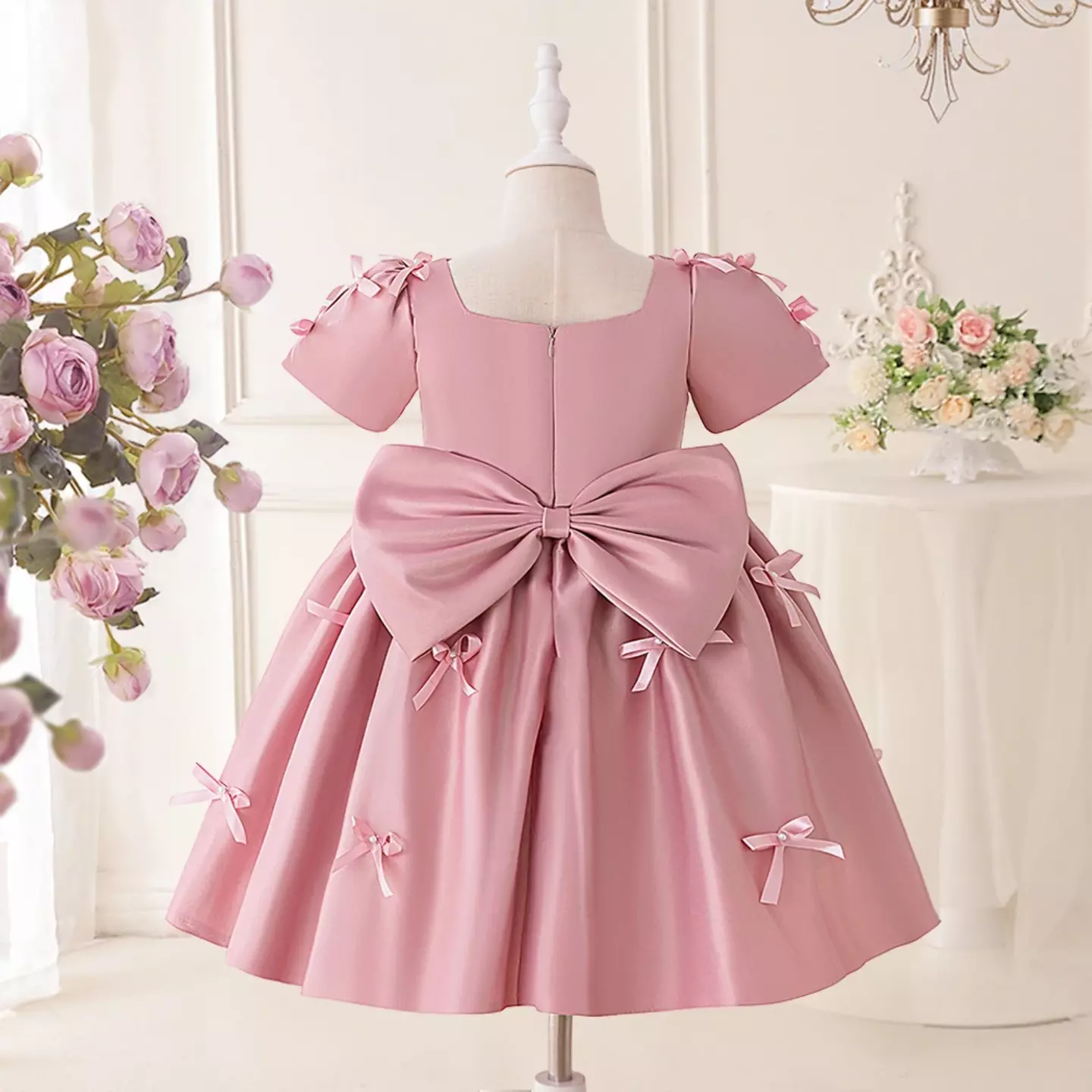 Bondi Maroon Satin Puff Sleeve Bow Back Party Dress for Girls