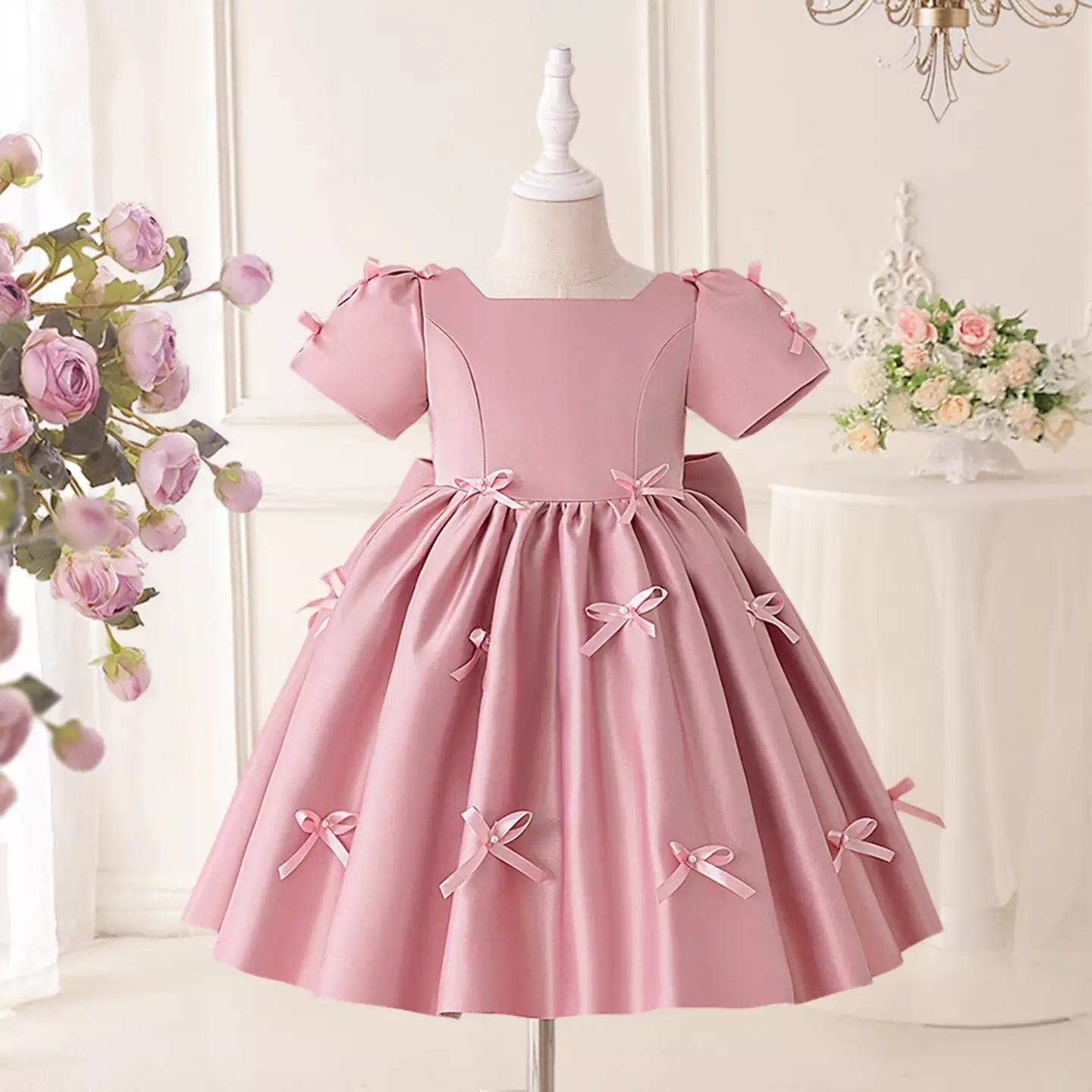 Bondi Maroon Satin Puff Sleeve Bow Back Party Dress for Girls