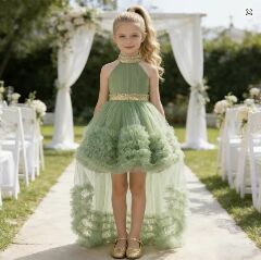 Georgia Sage Green Tiered Tulle Party Dress with Removable Tail