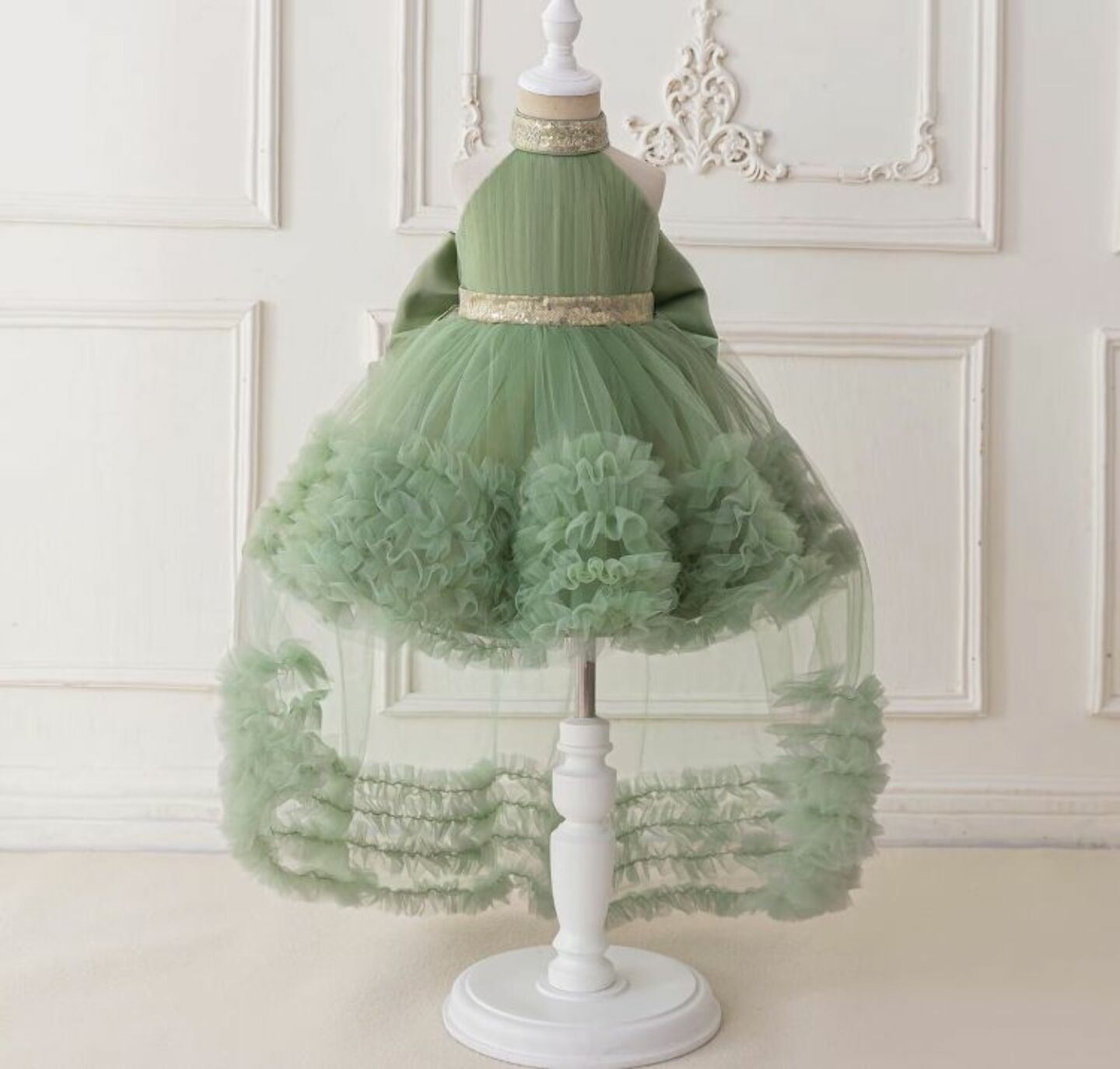 Georgia Sage Green Tiered Tulle Party Dress with Removable Tail