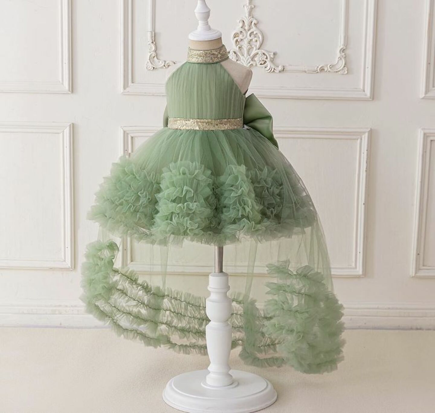 Georgia Sage Green Tiered Tulle Party Dress with Removable Tail