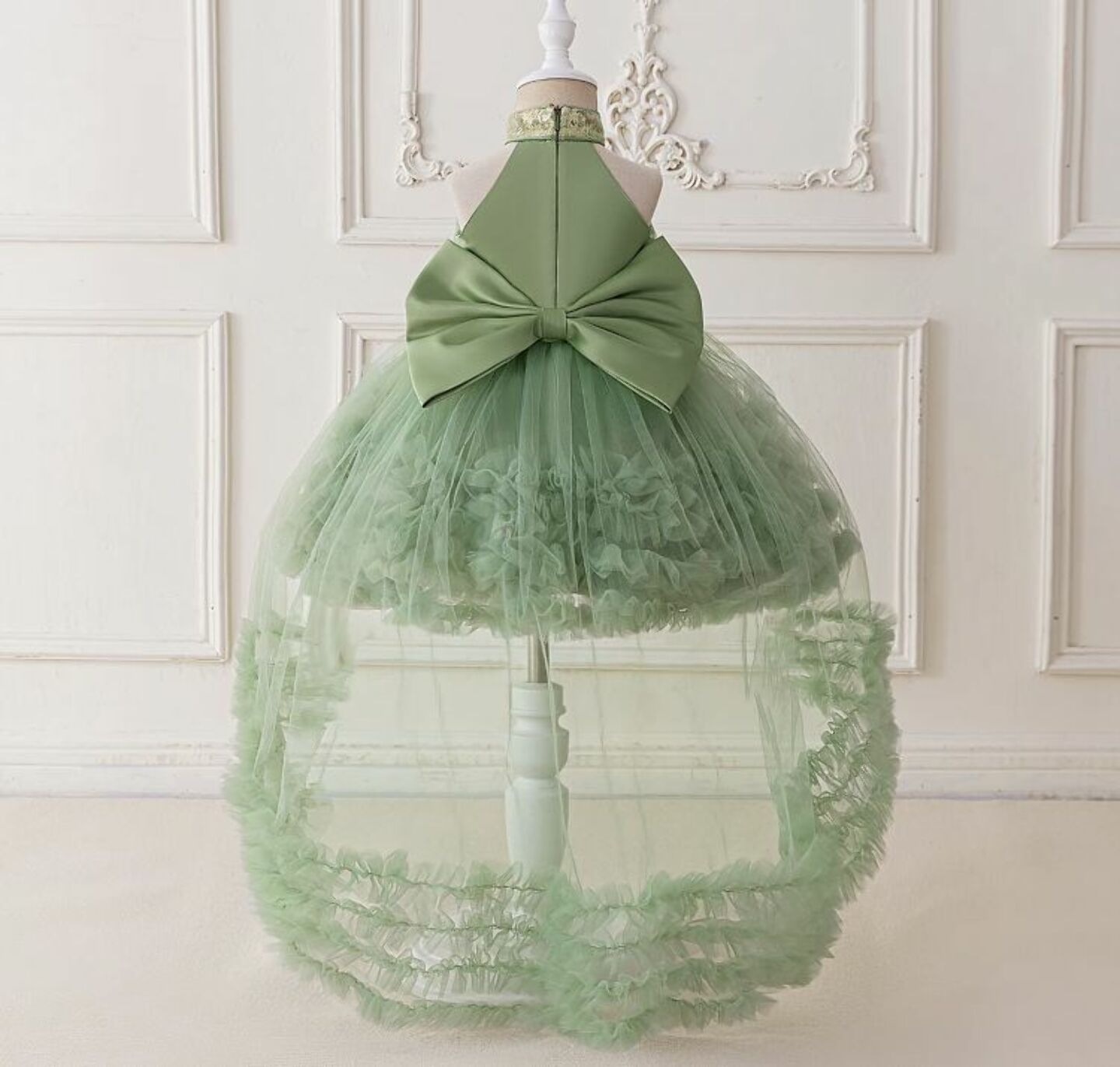 Georgia Sage Green Tiered Tulle Party Dress with Removable Tail