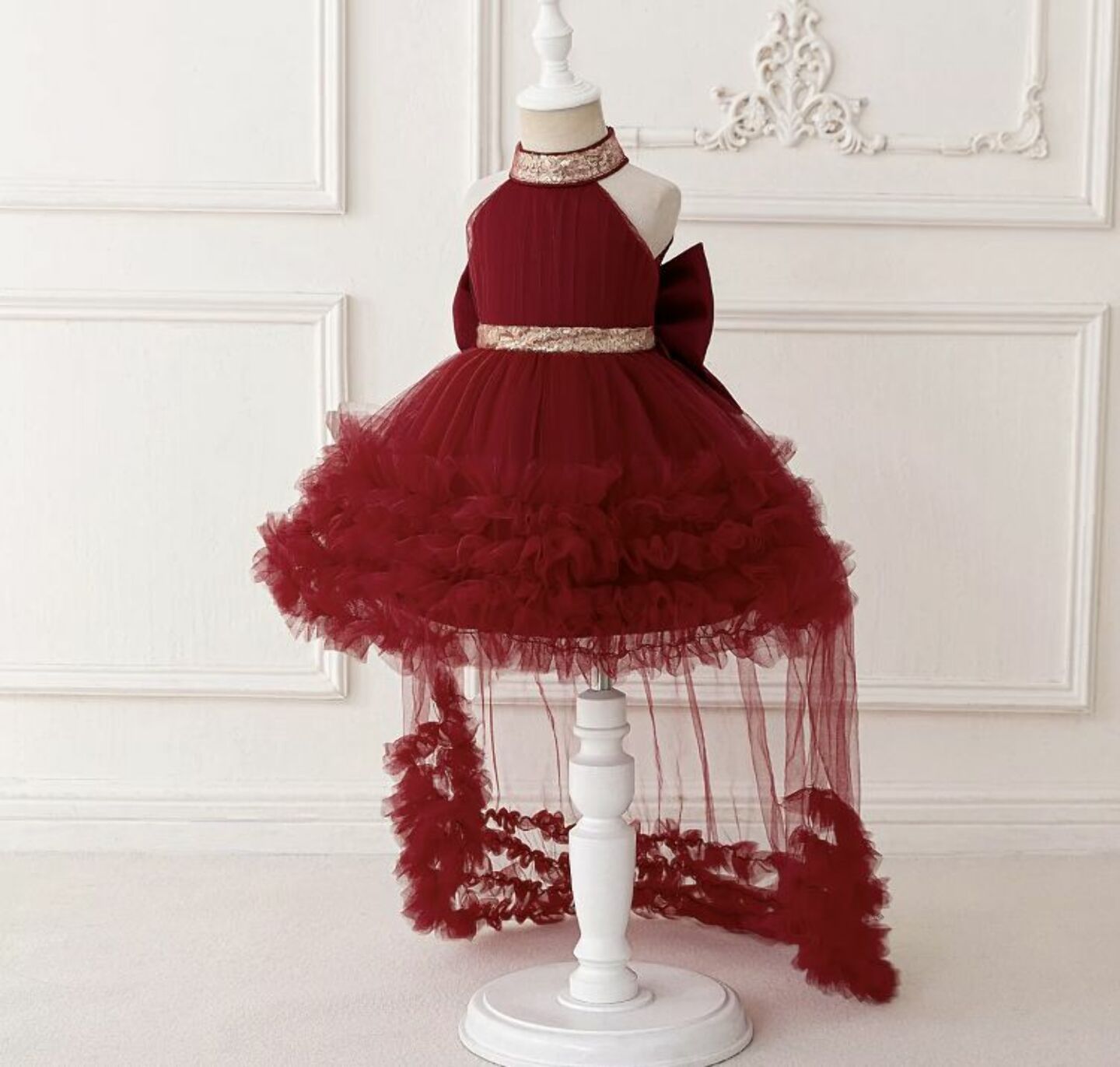 Georgia Maroon Tiered Tulle Party Dress with Removable Tail