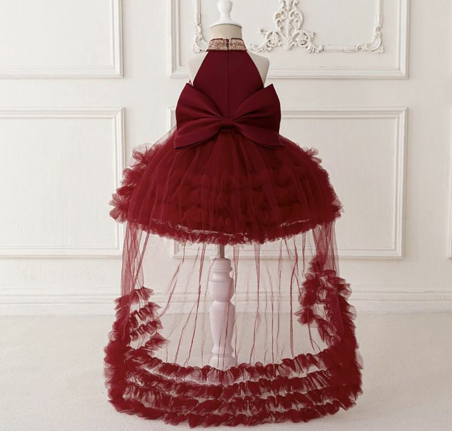 Georgia Maroon Tiered Tulle Party Dress with Removable Tail