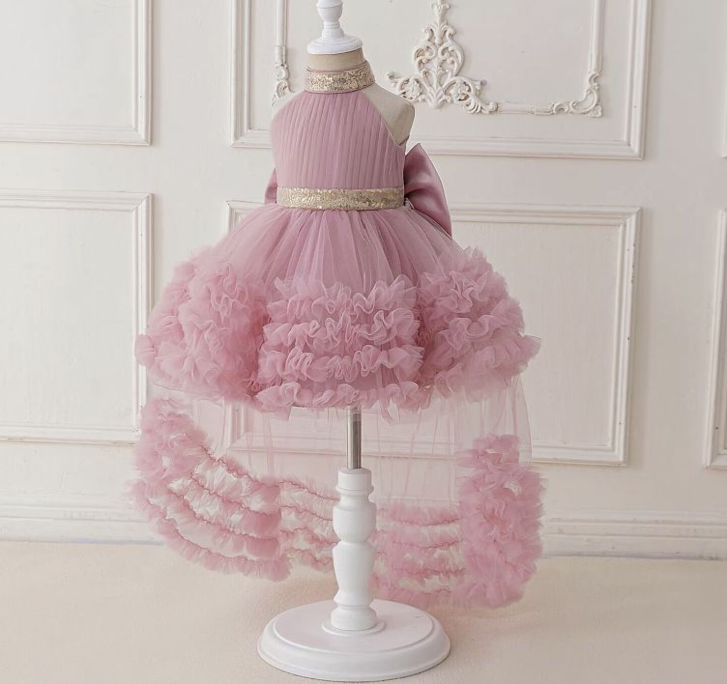 Georgia Dusty Pink Tiered Tulle Party Dress with Removable Tail