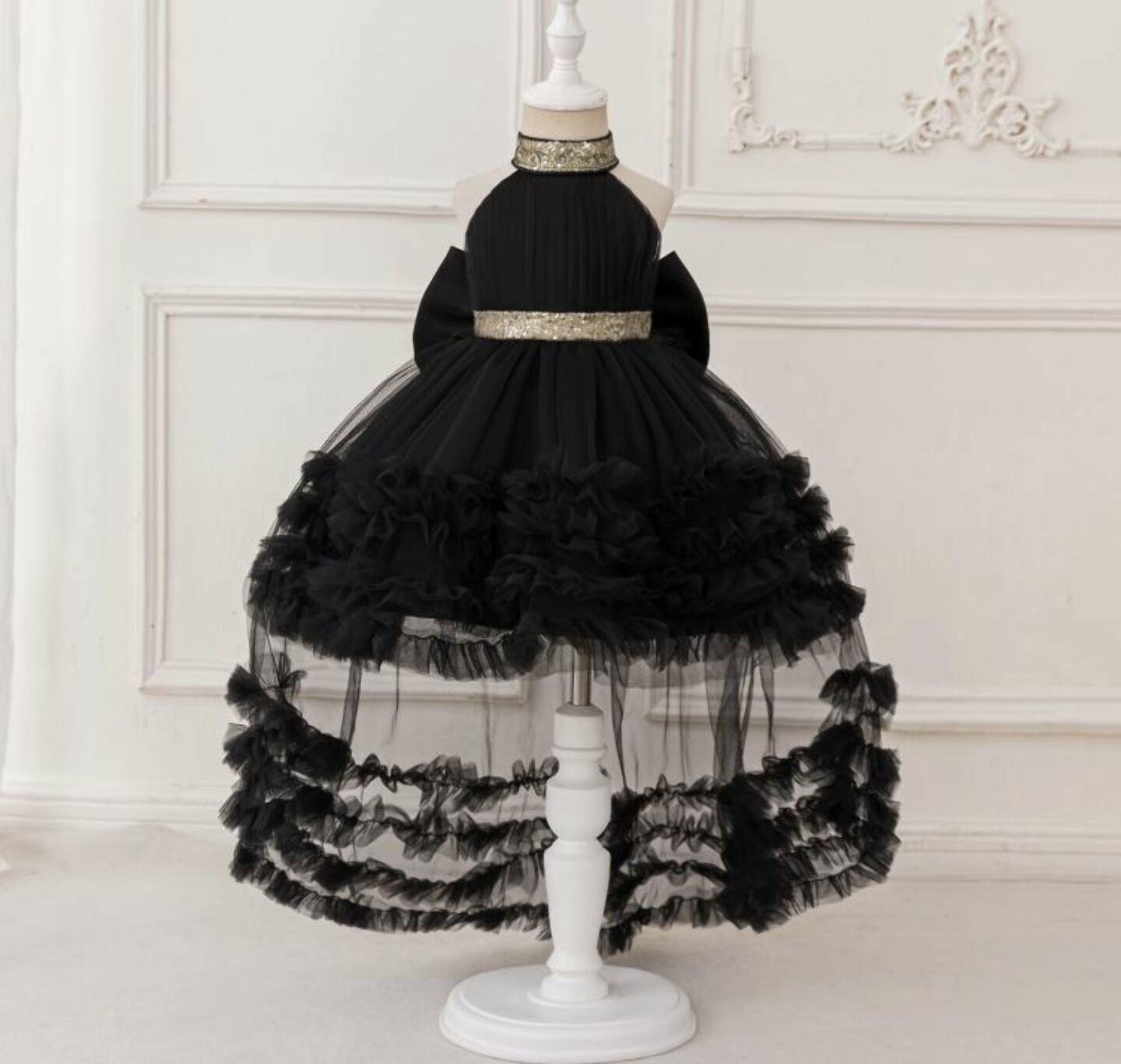 Georgia Black Tiered Tulle Party Dress with Removable Tail