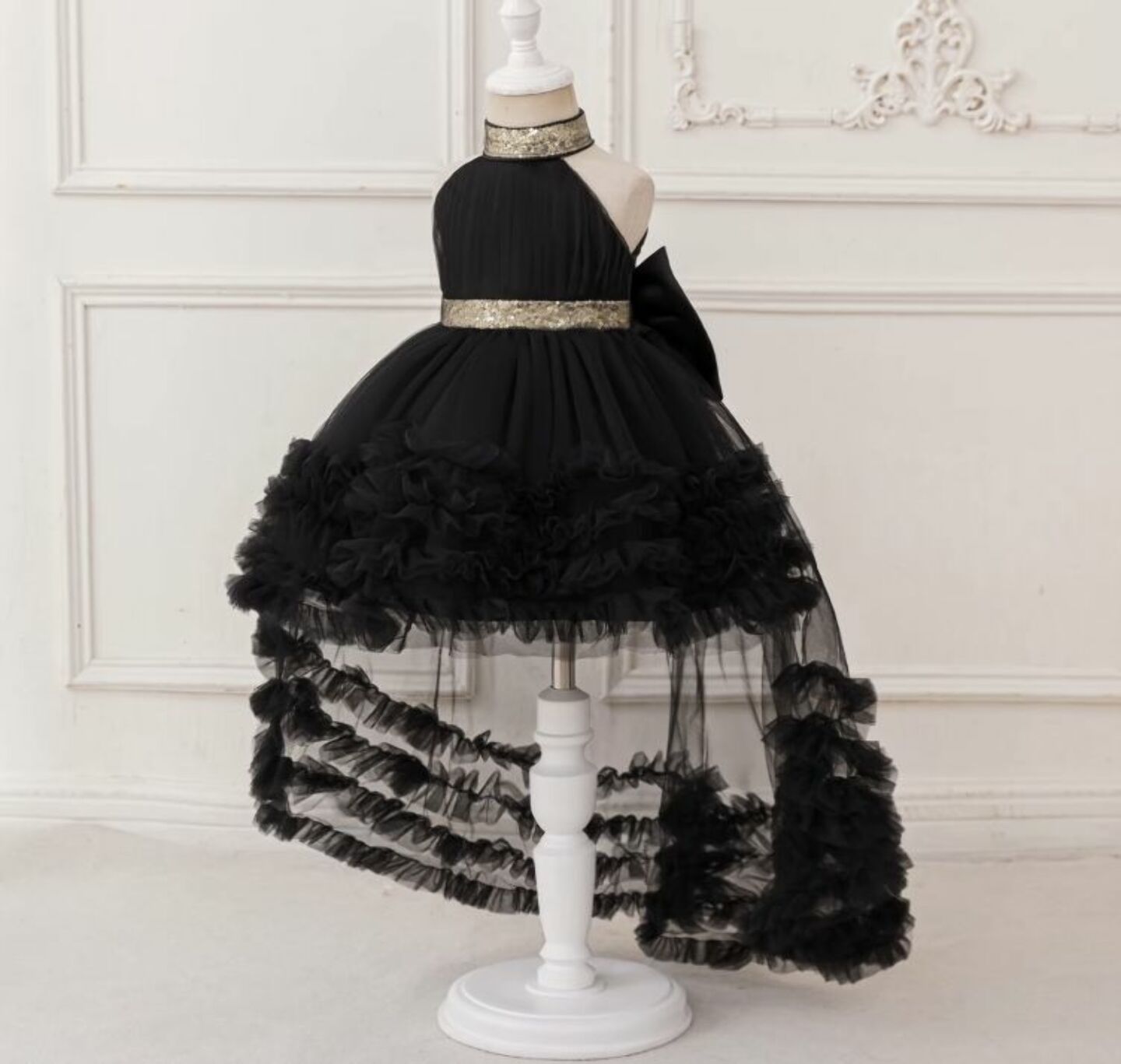 Georgia Black Tiered Tulle Party Dress with Removable Tail