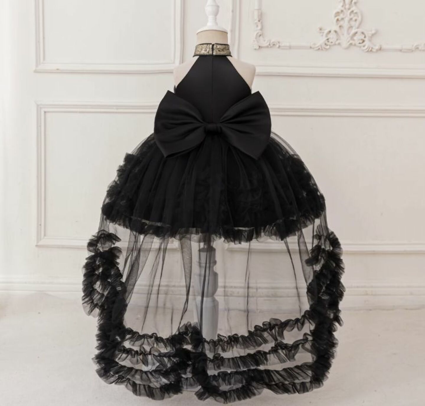 Georgia Black Tiered Tulle Party Dress with Removable Tail