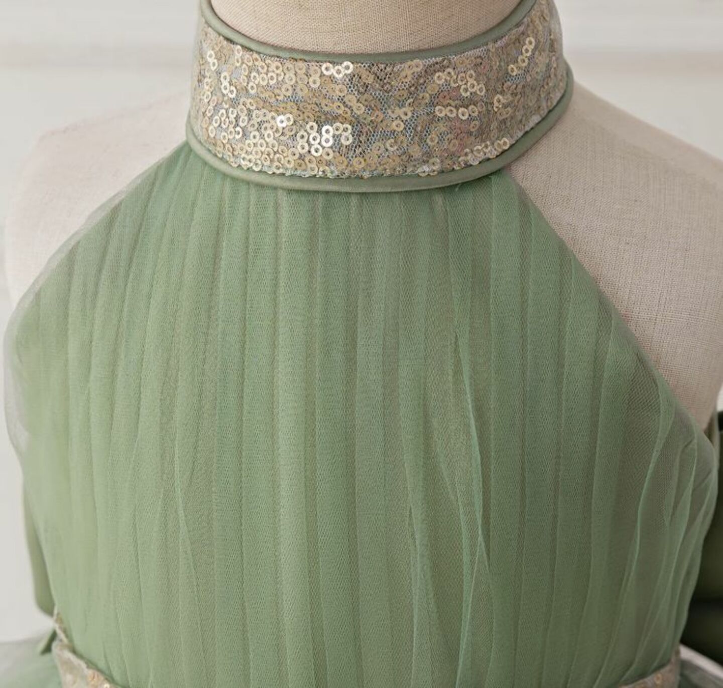 Georgia Sage Green Tiered Tulle Party Dress with Removable Tail