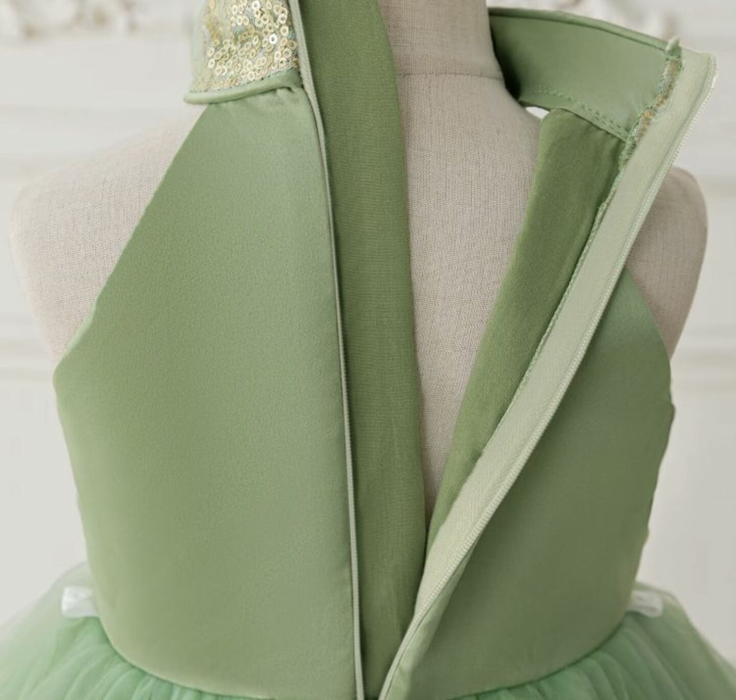 Georgia Sage Green Tiered Tulle Party Dress with Removable Tail
