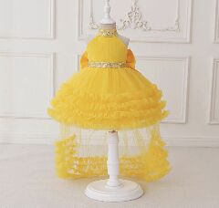 Georgia Yellow Tiered Tulle Party Dress with Removable Tail