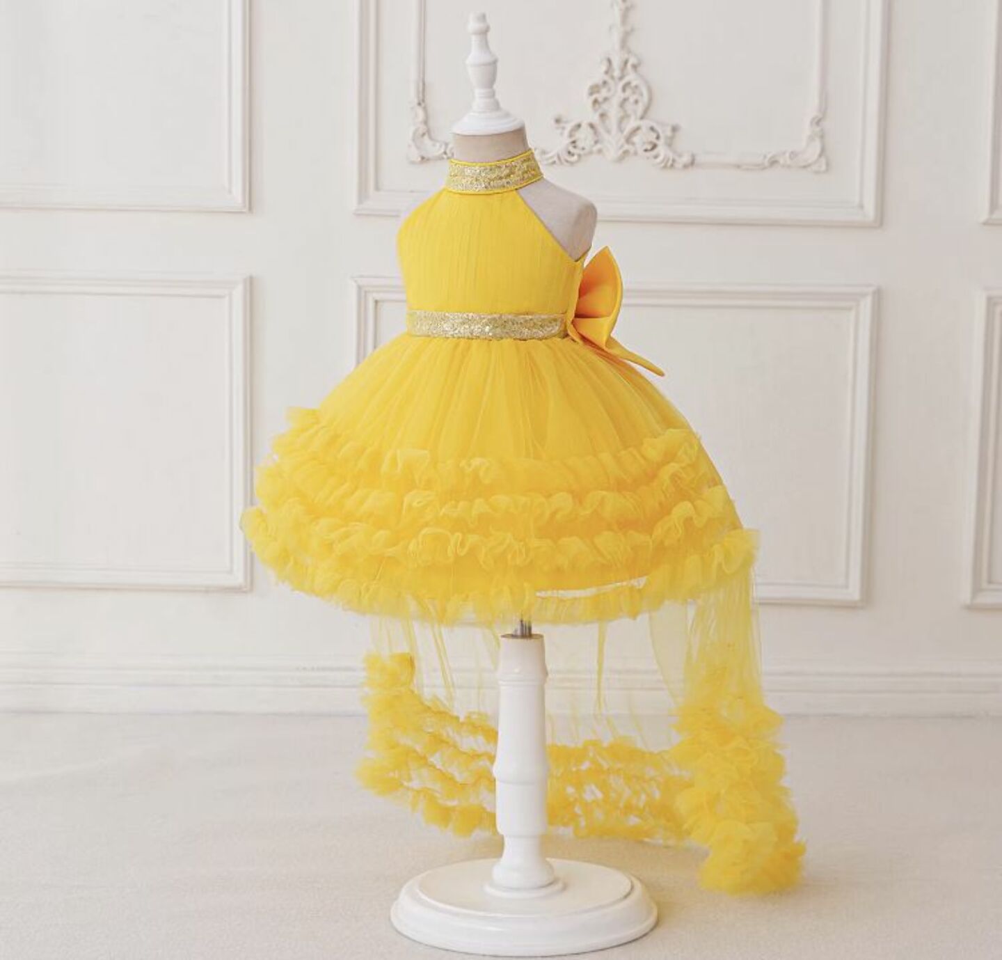 Georgia Yellow Tiered Tulle Party Dress with Removable Tail