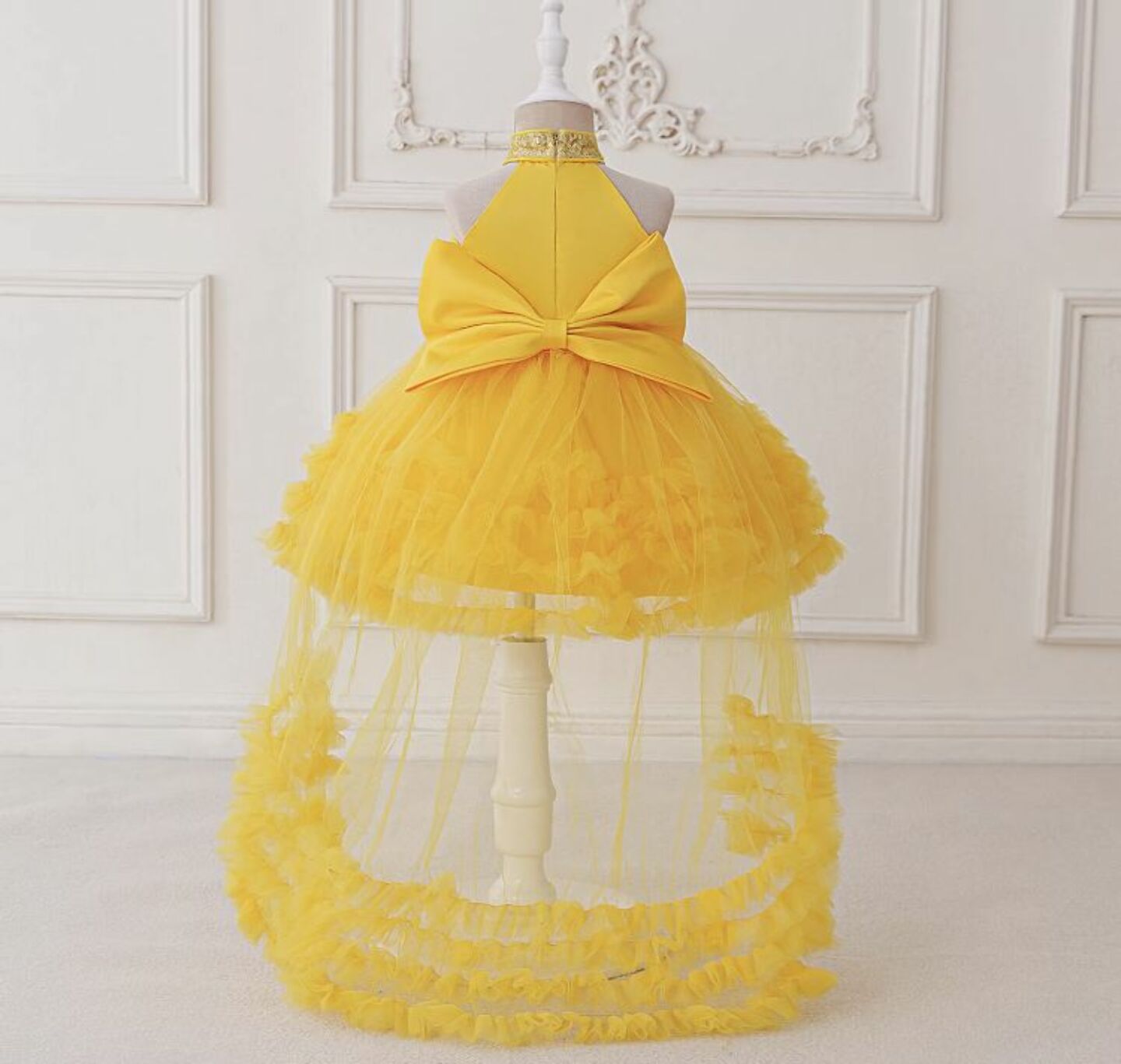 Georgia Yellow Tiered Tulle Party Dress with Removable Tail