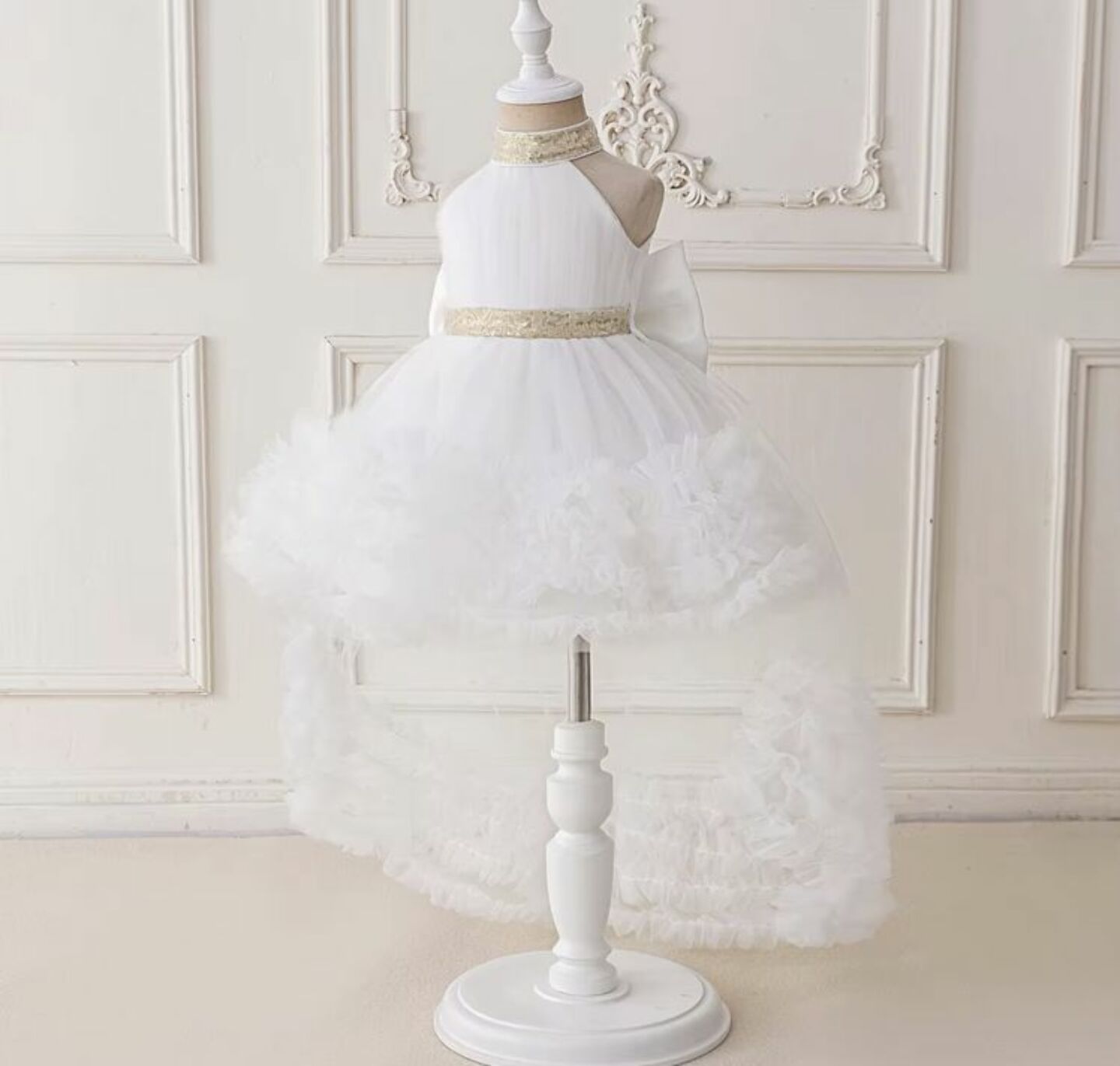 Georgia White Tiered Tulle Flower Girl Dress with Removable Tail