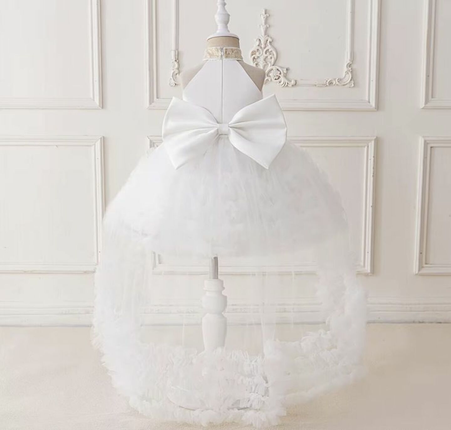 Georgia White Tiered Tulle Flower Girl Dress with Removable Tail